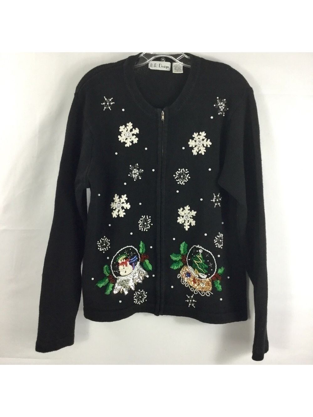 Vintage B.P. Design Beaded Snowy Christmas Snow Globe Zip Front Cardigan Size L